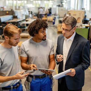 trois hommes analysant des plans